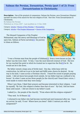 Salman the Persian, Zoroastrian, Persia (Part 1 of 2): from Zoroastrianism to Christianity