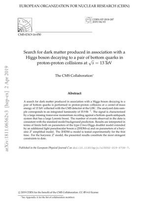 Search for Dark Matter Produced in Association with a Higgs Boson Decaying to a Pair of Bottom Quarks in Proton-Proton Collisions at √S = 13 Tev