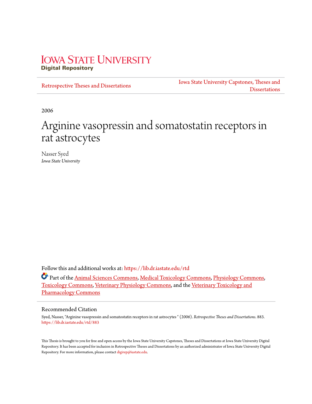 Arginine Vasopressin and Somatostatin Receptors in Rat Astrocytes Nasser Syed Iowa State University