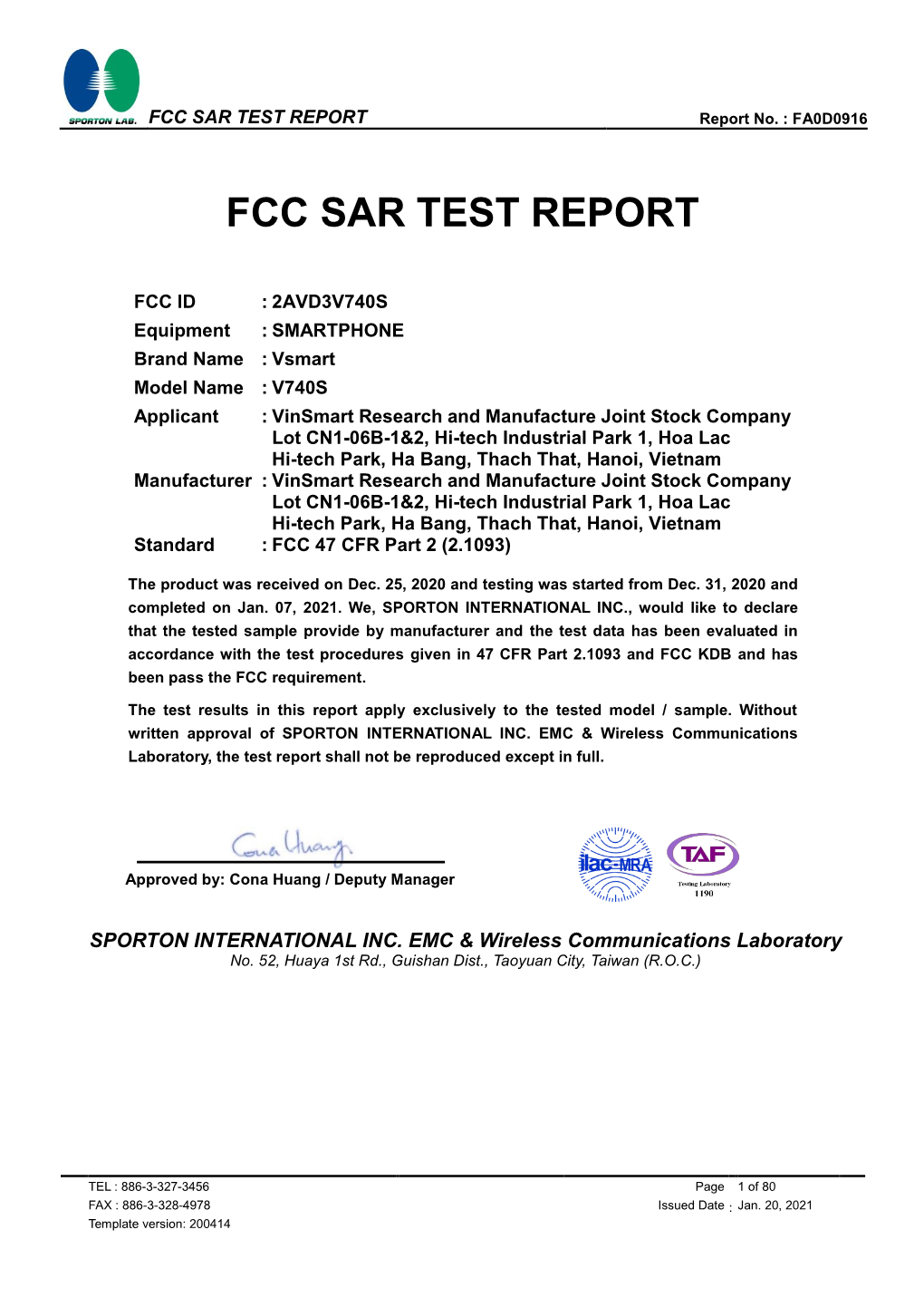 FCC SAR TEST REPORT Report No