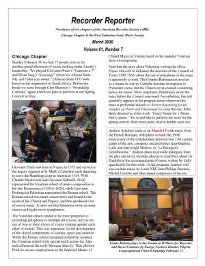 March 2020 Volume 61, Number 7 Chicago Chapter Chapel Music in Vienna Based on His Popular Venetian Sunday February 16 We Had 17 People Join Us for Style of Composing