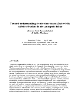 Toward Understanding Escherichia Coli Distributions in the Annapolis