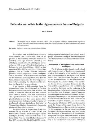 Endemics and Relics in the High-Mountain Fauna of Bulgaria