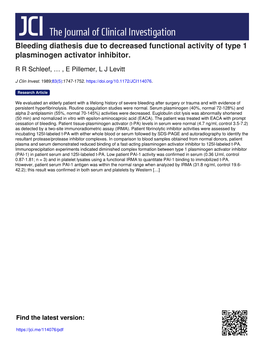 Bleeding Diathesis Due to Decreased Functional Activity of Type 1 Plasminogen Activator Inhibitor