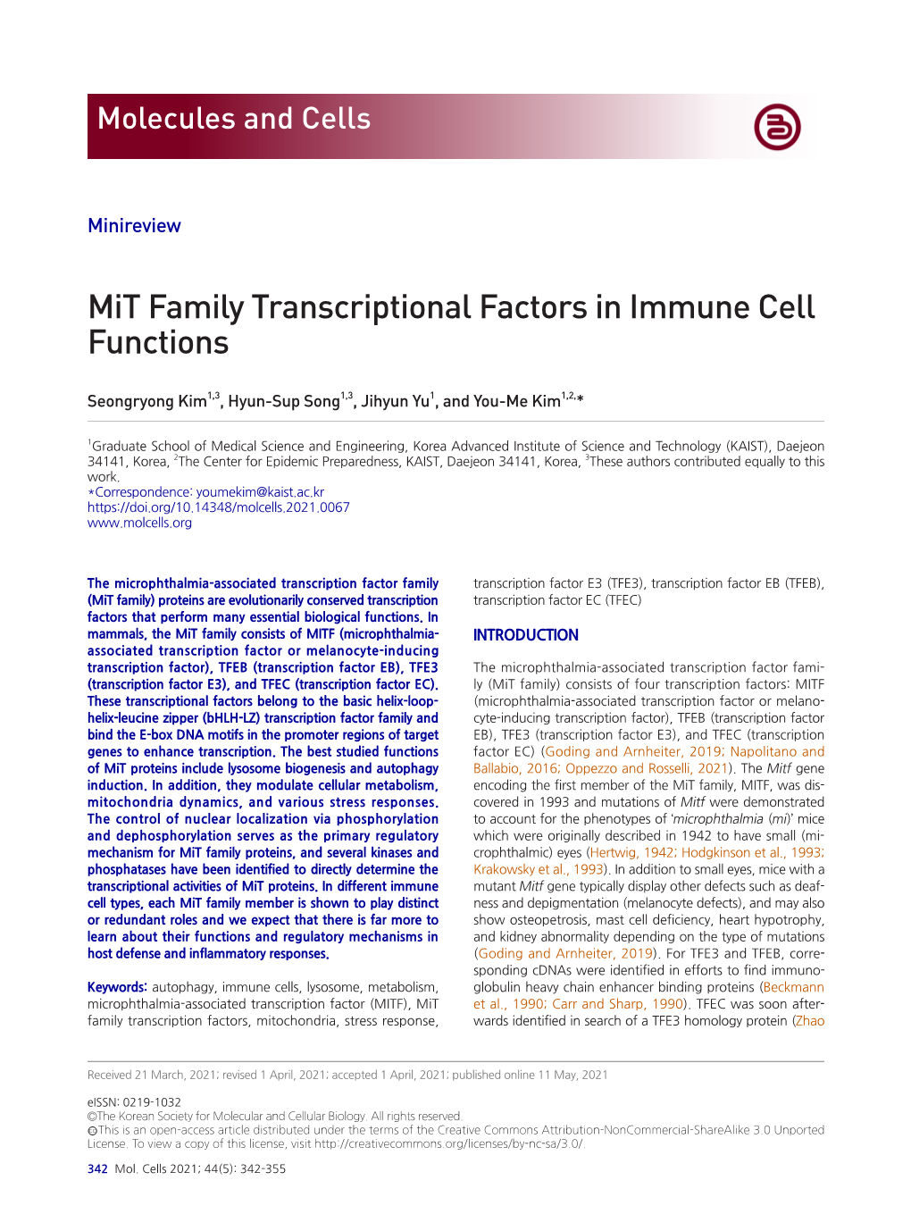 Mit Family Transcriptional Factors in Immune Cell Functions Seongryong Kim Et Al