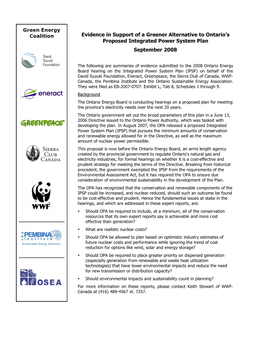 Evidence in Support of a Greener Alternative to Ontario’S Proposed Integrated Power System Plan September 2008