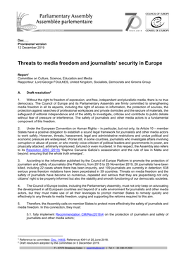 Threats to Media Freedom and Journalists' Security in Europe