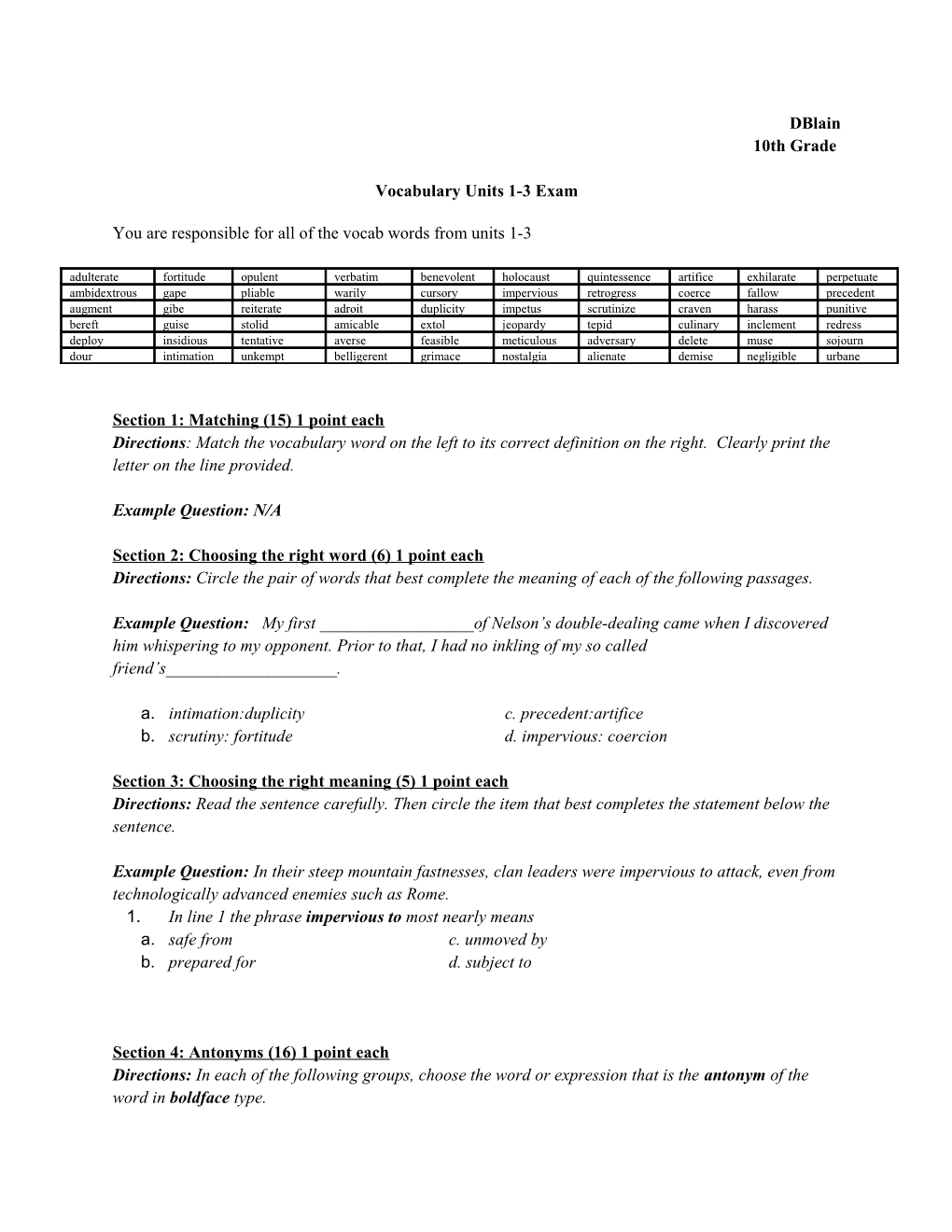 Vocabulary Units 1-3 Exam