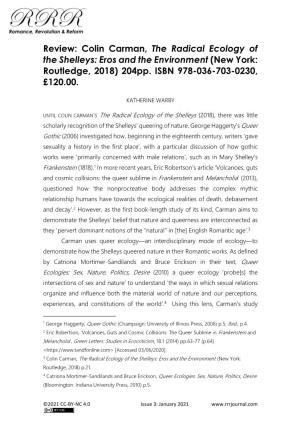 Review: Colin Carman, the Radical Ecology of the Shelleys: Eros and the Environment (New York: Routledge, 2018) 204Pp