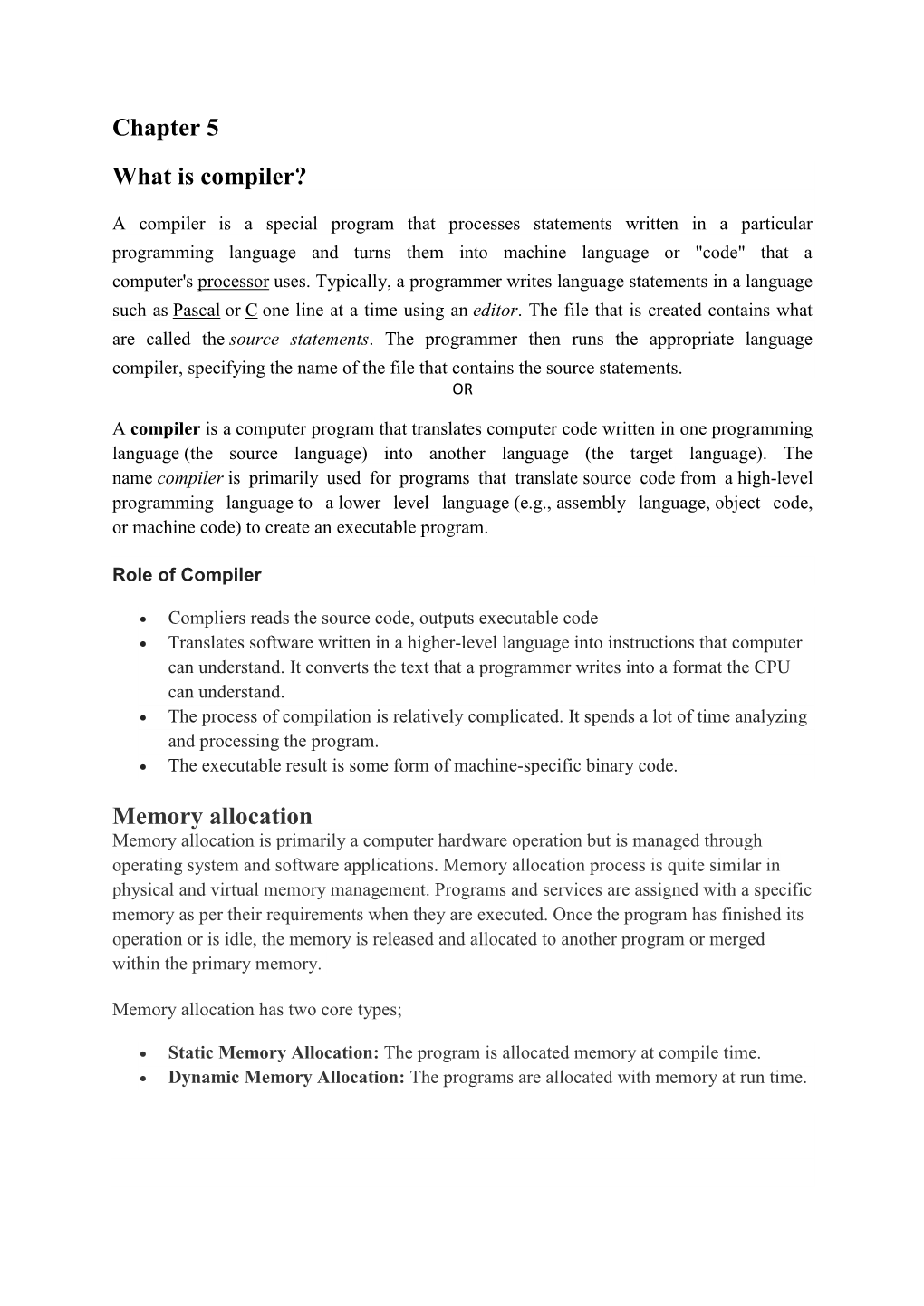 Chapter 5 What Is Compiler? Memory Allocation