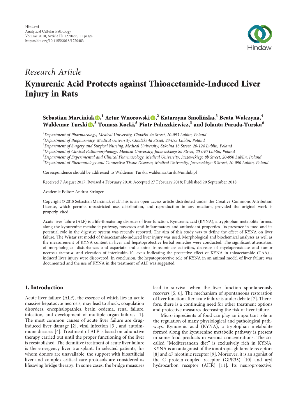 Research Article Kynurenic Acid Protects Against Thioacetamide-Induced Liver Injury in Rats