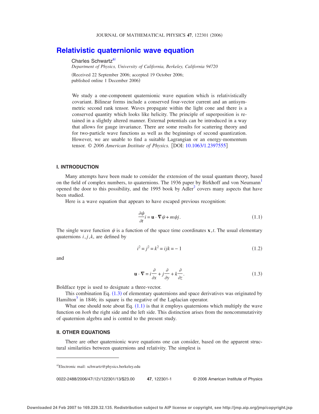 Relativistic Quaternionic Wave Equation