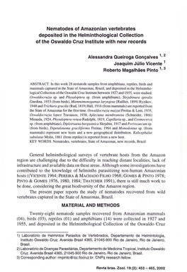 Nematodes of Amazonian Vertebrates Deposited in the Helminthological Collection of the Oswaldo Cruz Institute with New Records