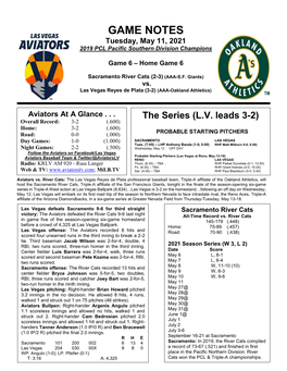 GAME NOTES Tuesday, May 11, 2021