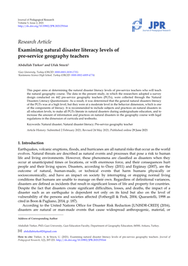 Research Article Examining Natural Disaster Literacy Levels of Pre-Service Geography Teachers