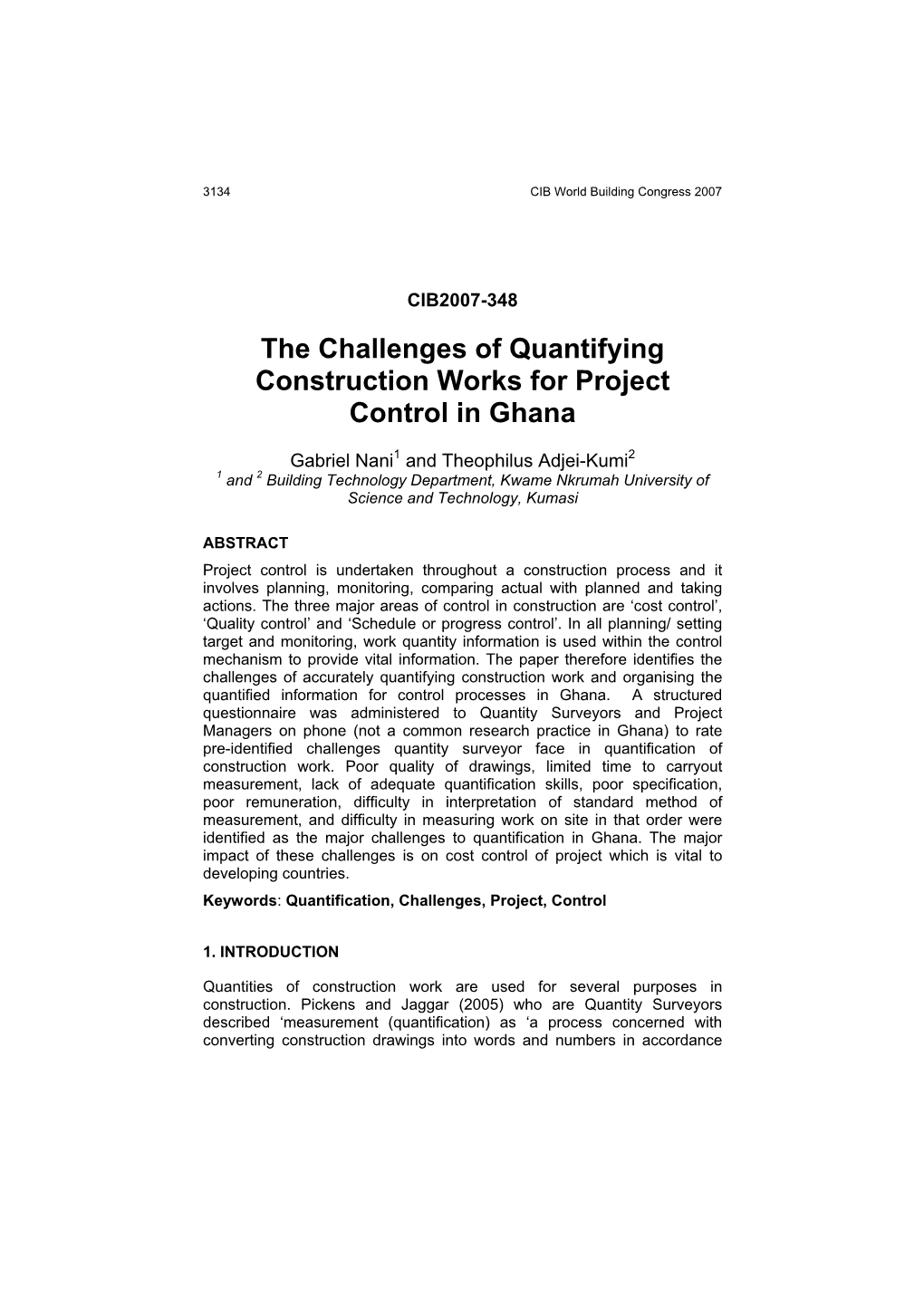 The Challenges of Quantifying Construction Works for Project Control in Ghana