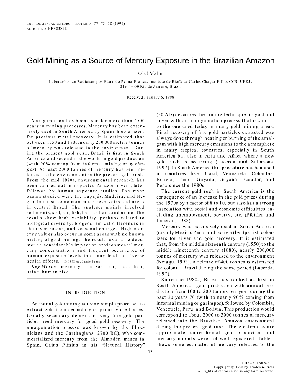 Gold Mining As a Source of Mercury Exposure in the Brazilian Amazon