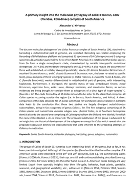 A Primary Insight Into the Molecular Phylogeny of Colias FABRICIUS, 1807 (Pieridae, Coliadinae) Complex of South America