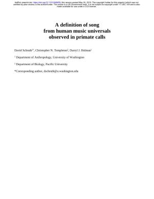 A Definition of Song from Human Music Universals Observed in Primate Calls