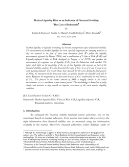 Market Liquidity Risk As an Indicator of Financial Stability: the Case of Indonesia♠ by Wimboh Santoso‡, Cicilia A