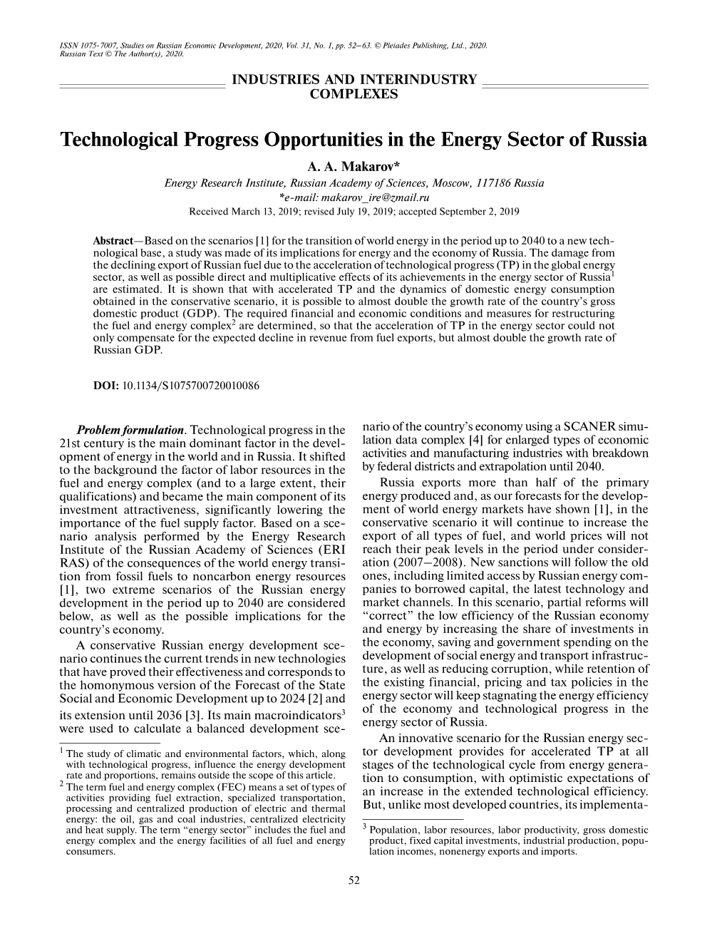 Technological Progress Opportunities in the Energy Sector of Russia A