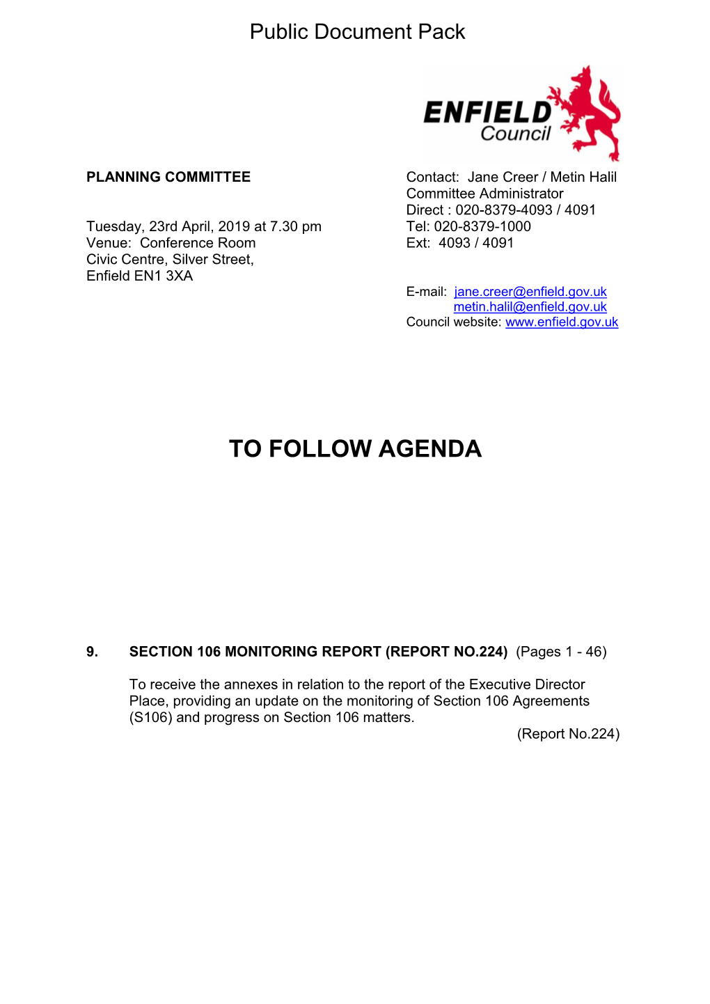 TO FOLLOW AGENDA 23Rd-Apr-2019 19.30 Planning Committee.Pdf
