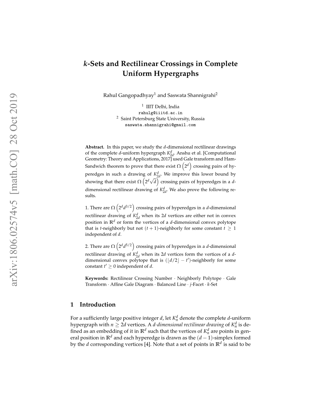 $ K $-Sets and Rectilinear Crossings in Complete Uniform Hypergraphs