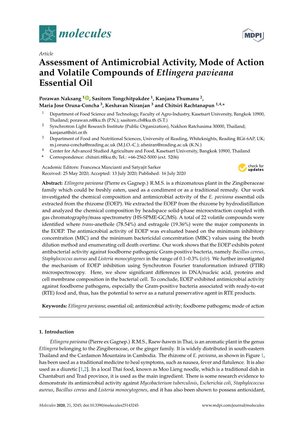 Assessment of Antimicrobial Activity, Mode of Action and Volatile Compounds of Etlingera Pavieana Essential Oil