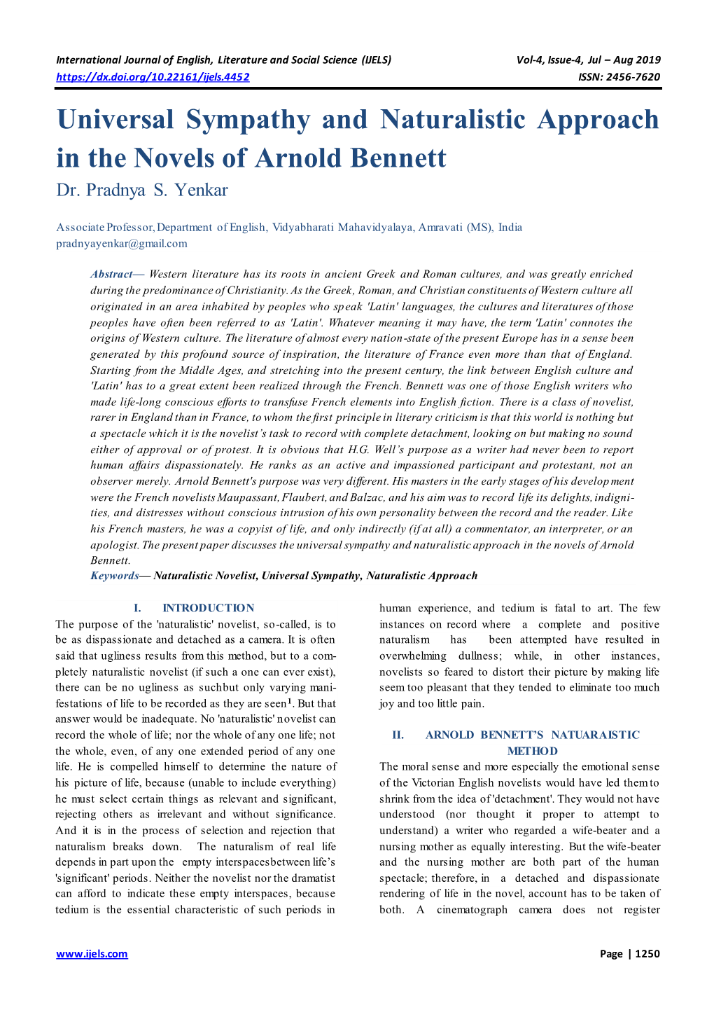 Universal Sympathy and Naturalistic Approach in the Novels of Arnold Bennett Dr