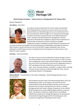 1 World Heritage UK Webinar – 'Visitor Centres in a Changing World' 18Th February 2021 Speaker Biographies: Jane Gibson
