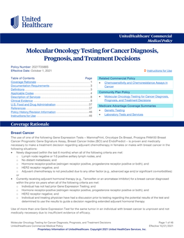 Molecular Oncology Testing for Cancer Diagnosis, Prognosis, and Treatment Decisions – Commercial Medical Policy