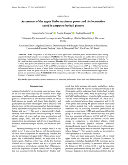 Assessment of the Upper Limbs Maximum Power and the Locomotion Speed in Amputee Football Players