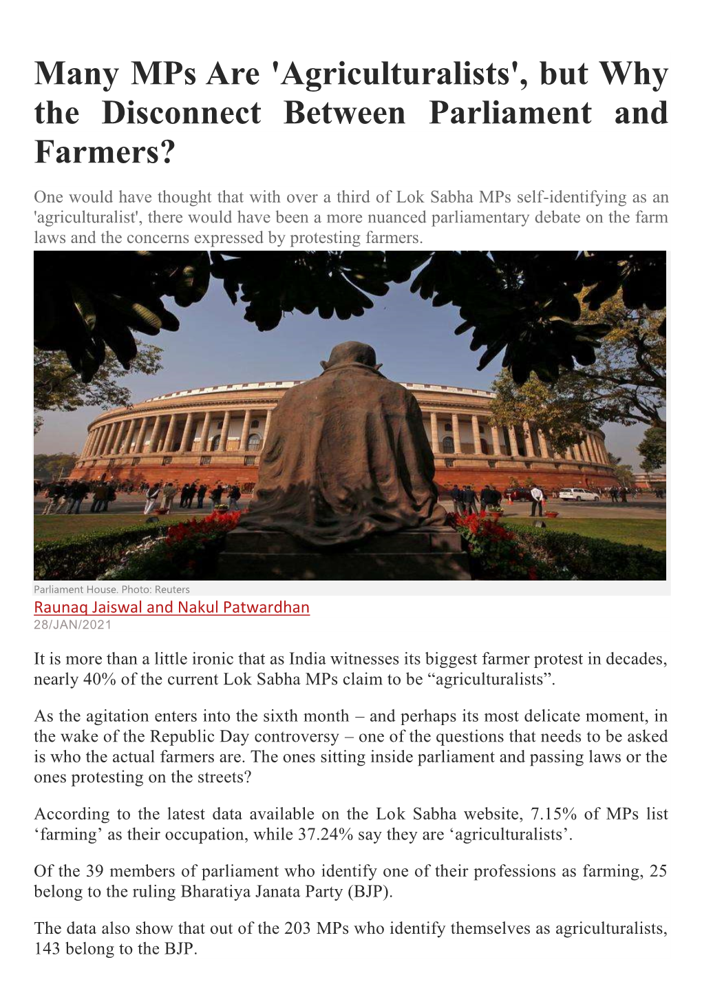 Many Mps Are 'Agriculturalists', but Why the Disconnect Between Parliament and Farmers?