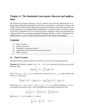 Chapter 4. the Dominated Convergence Theorem and Applica- Tions Contents