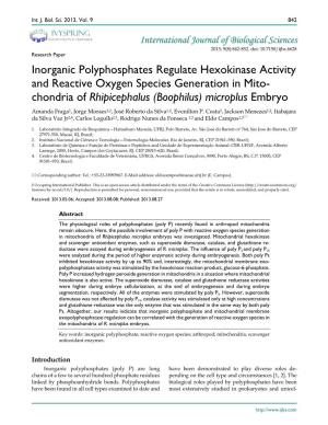 Inorganic Polyphosphates Regulate Hexokinase Activity and Reactive Oxygen Species Generation in Mito- Chondria of Rhipicephalus