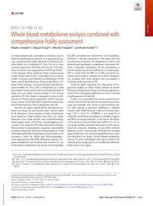 Whole Blood Metabolome Analysis Combined with LETTER Comprehensive Frailty Assessment