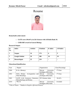 Resume: Nilesh Pawar E-Mail – Nileshsu@Gmail.Com 2018