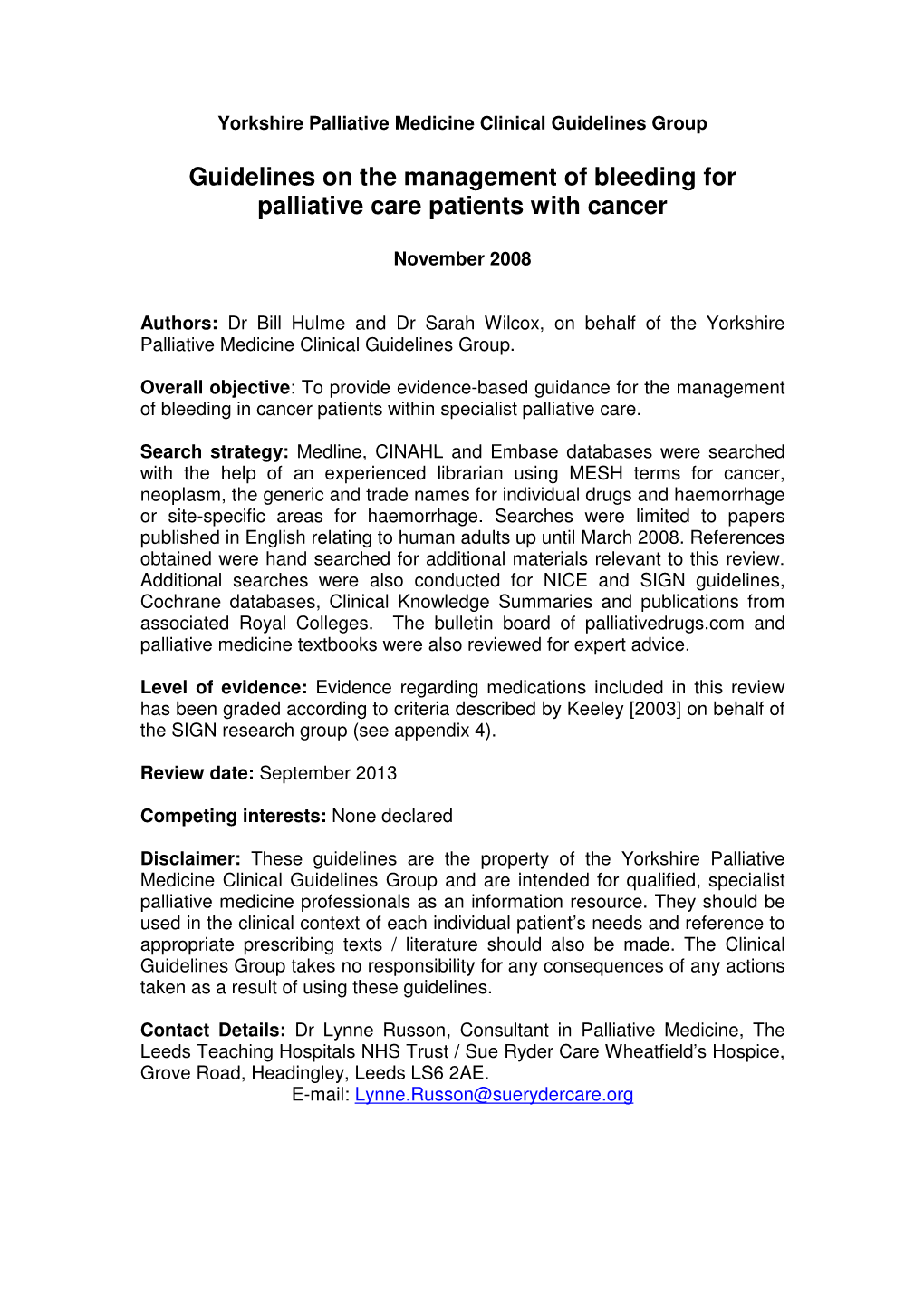 Guidelines on the Management of Bleeding for Palliative Care Patients with Cancer