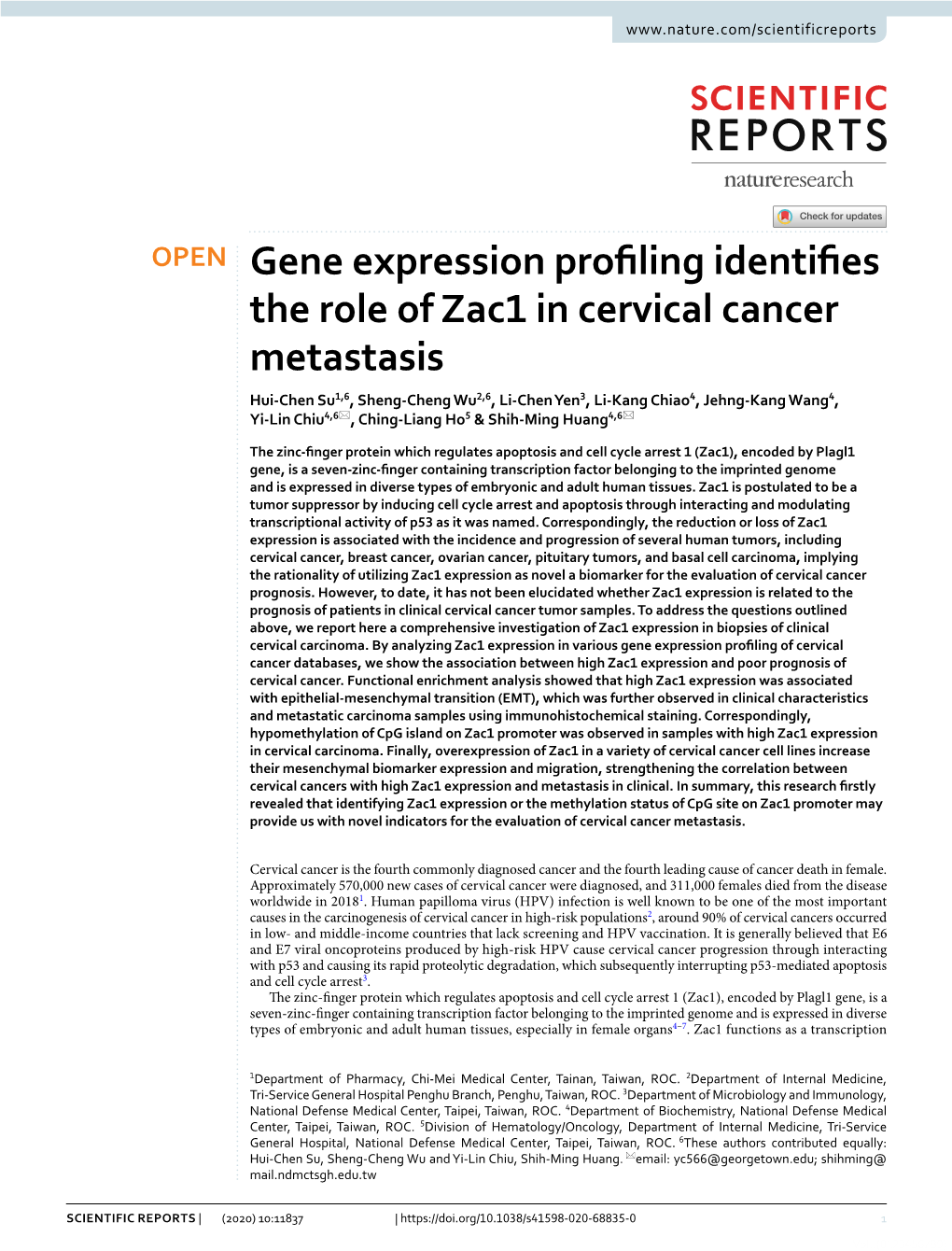 Gene Expression Profiling Identifies the Role of Zac1 in Cervical Cancer