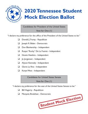 2020 Tennessee Student Mock Election Ballot
