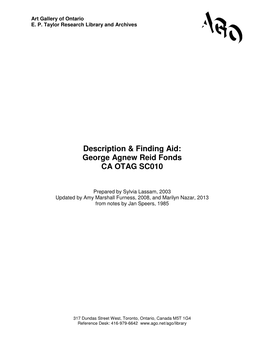 Description & Finding Aid: George Agnew Reid Fonds CA OTAG SC010