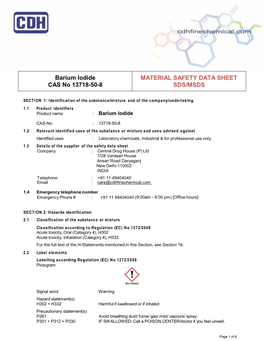 Barium Iodide CAS No 13718-50-8 MATERIAL SAFETY DATA SHEET SDS/MSDS