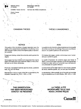 Canada Du Canada \ \ ^ O' ' \ ' Canadian Theses Service Services Des Theses Danadiennes V' •