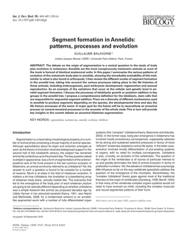 Segment Formation in Annelids: Patterns, Processes and Evolution GUILLAUME BALAVOINE*