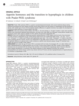 Appetite Hormones and the Transition to Hyperphagia in Children with Prader-Willi Syndrome