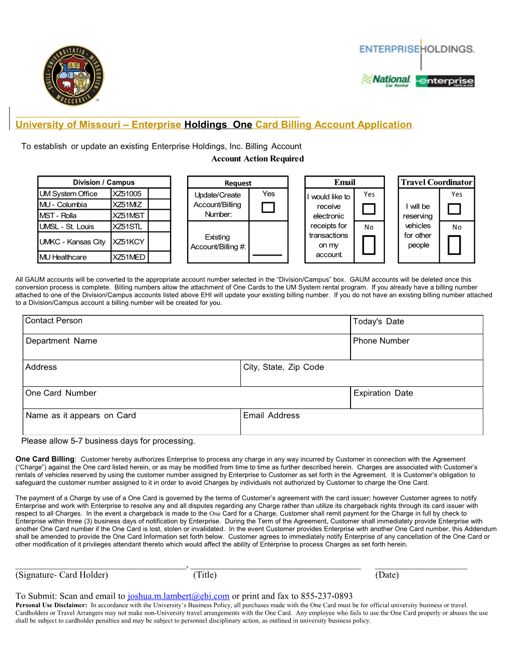 University of Missouri Enterprise Holdings One Card Billing Account Application