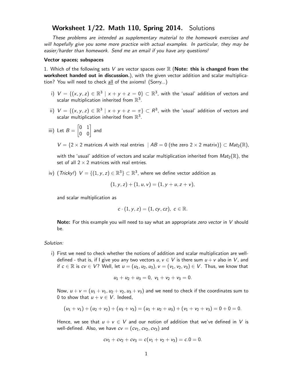 Worksheet 1/22. Math 110, Spring 2014. Solutions