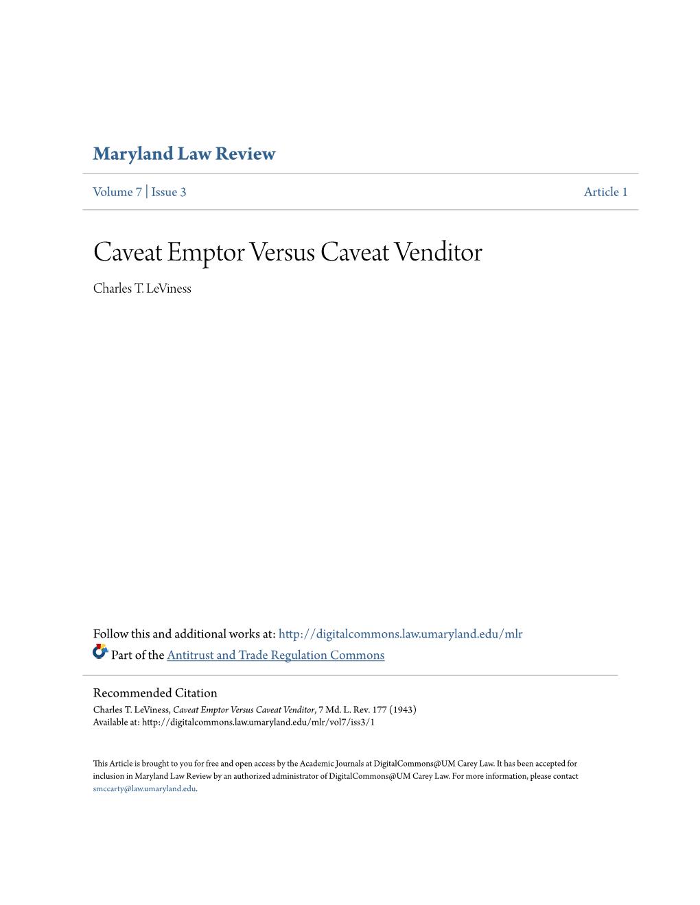 Caveat Emptor Versus Caveat Venditor Charles T