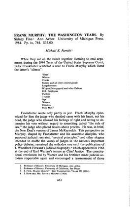 FRANK MURPHY: the WASHINGTON YEARS. by Sidney Fine.' Ann Arbor: University of Michigan Press