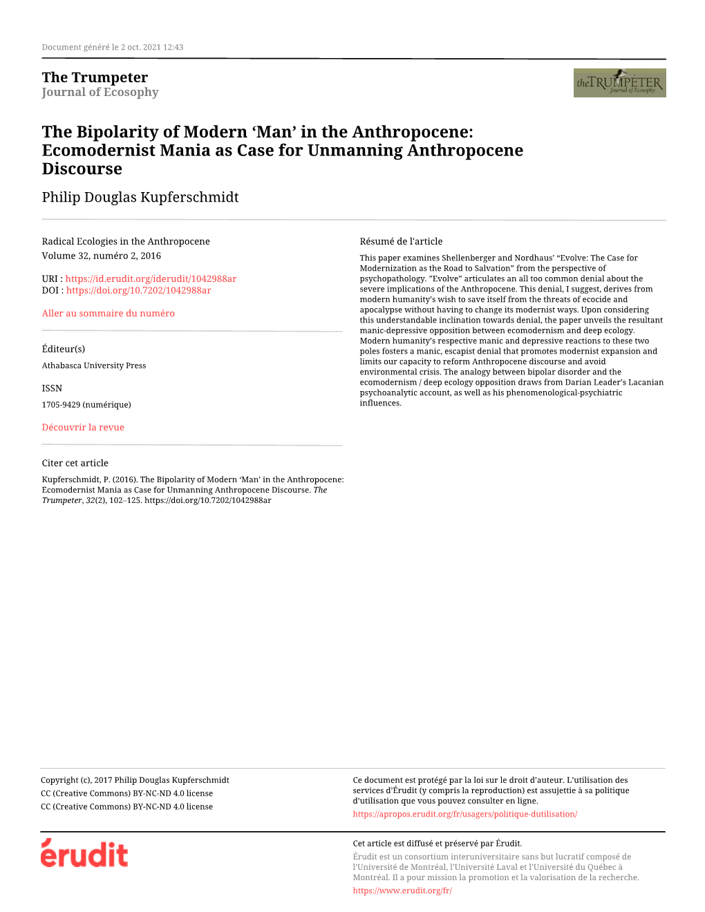 Ecomodernist Mania As Case for Unmanning Anthropocene Discourse Philip Douglas Kupferschmidt